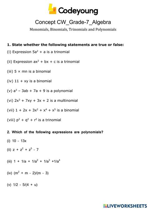 Monomials, Binomials, and Trinomials | CK-12 Foundation - Worksheets ...