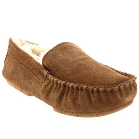 Mens Genuine Australian Fur Sheepskin Fur Lined Suede Moccasin Slipper ...