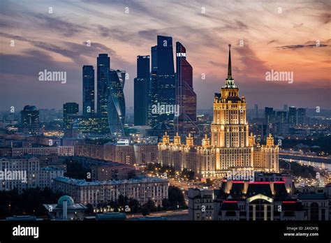 Aerial view of Moscow City skyline at sunset showing architectural ...