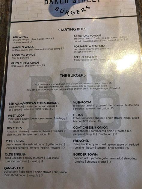 Menu at Baker Street Burgers restaurant, Rockford