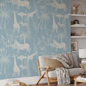 Blue Safari Animals Wallpaper Removable Self Adhesive Jungle Animals ...