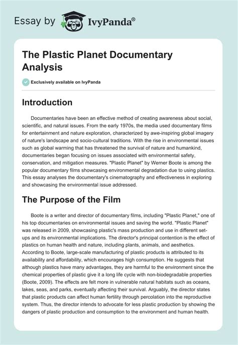 The Plastic Planet Documentary Analysis - 1199 Words | Essay Example