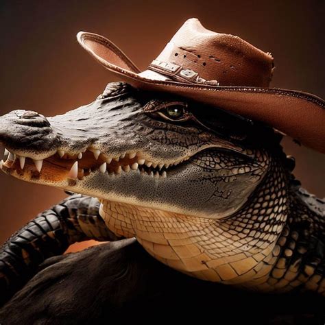 Premium AI Image | A crocodile wearing a cowboy hat is sitting on a rock