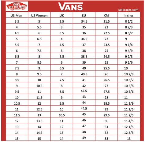 Vans Shoes Size Chart - Soleracks