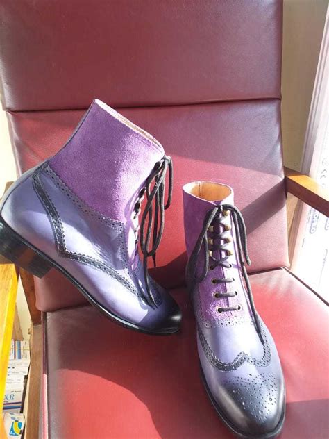 Bespoke Men's Two Tone Purple Suede & Purple leather Wingtip Ankle High ...