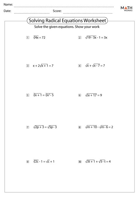 Solving Radical Equations Worksheets - Math Monks