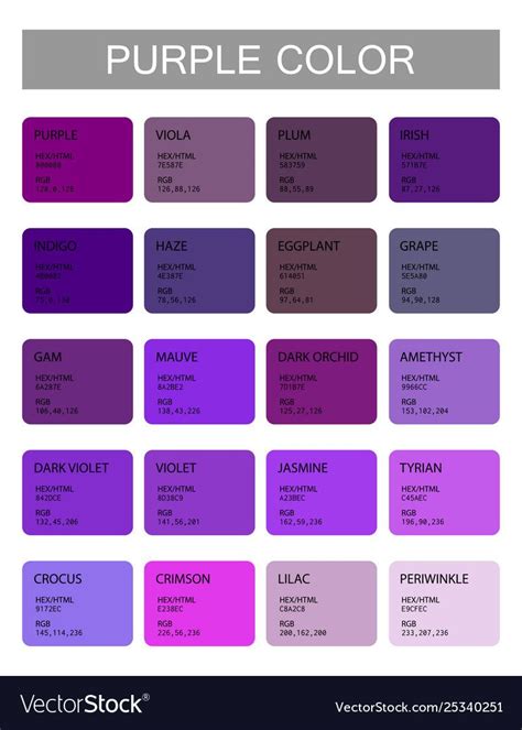 Purple. Color codes and names. Selection of colors for design, interior ...