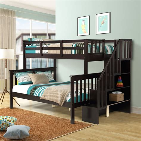 Kepooman Stairway Twin-Over-Full Wooden Bunk Bed with Stairs & Storage ...