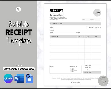 EDITABLE Receipt Template Receipt Form Small Business - Etsy UK