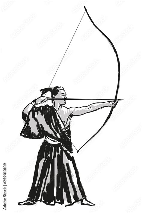 A Japanese samurai warrior in kimono with a bow and arrow in his hands ...