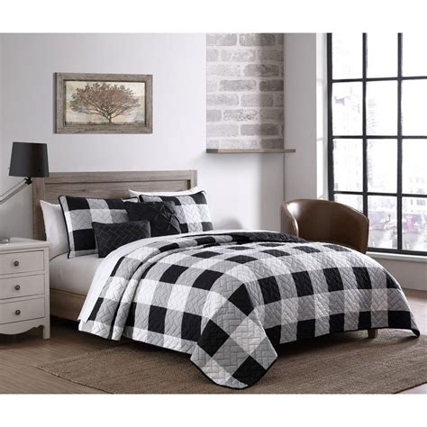 Buffalo Plaid 4pc Black and White Twin Quilt Set with Throw Pillows ...