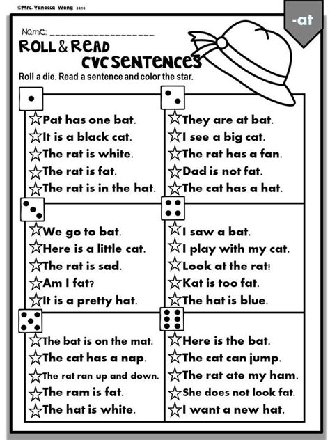 Phonics Worksheets CVC Short Vowels Roll & Read Sentences kindergarten ...