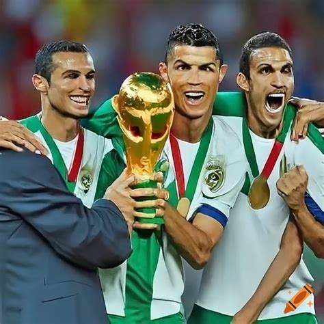 Cristiano ronaldo holding the world cup trophy with teammates on Craiyon