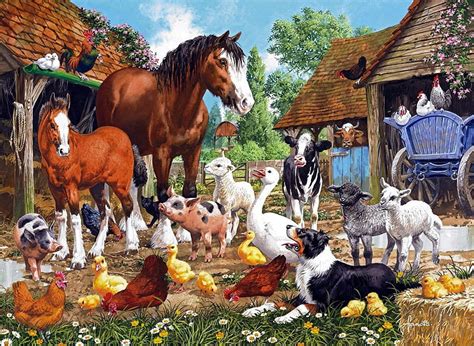 Farm Animals, cow, cottage, chicken, well, birds, butterflies, horse ...