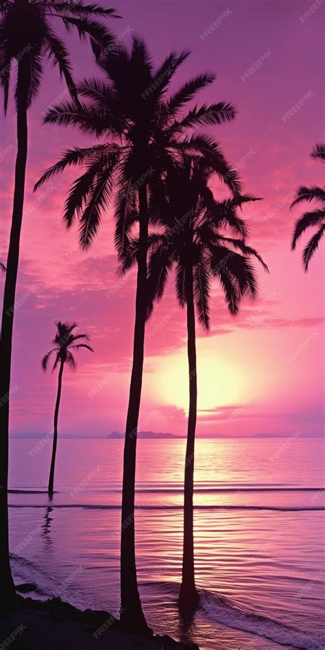 Premium Photo | A pink sunset with palm trees on the beach