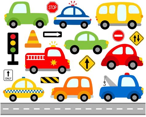 Cute Cars Digital Clip Art, Transportation, Road Signs Illustration ...