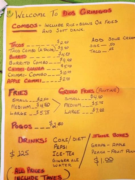 Dos Gringos Menu, Menu for Dos Gringos, Port Burwell, Port Burwell ...