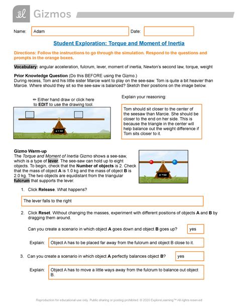 Torque Moment Inertia SE - Name: Adam Date: Student Exploration: Torque ...