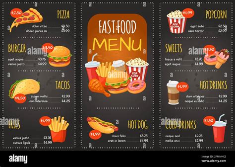 Fast food menu. Pizza, burger and tacos, fries. Hot dog, sweets and ...