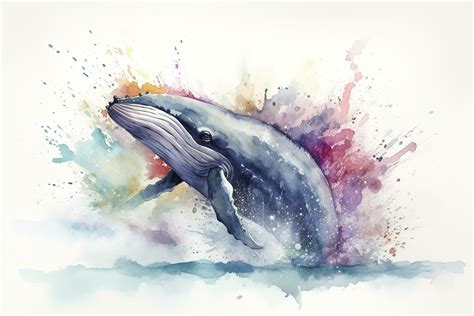 A whale breaching in a stormy ocean watercolor painting, beautiful ...