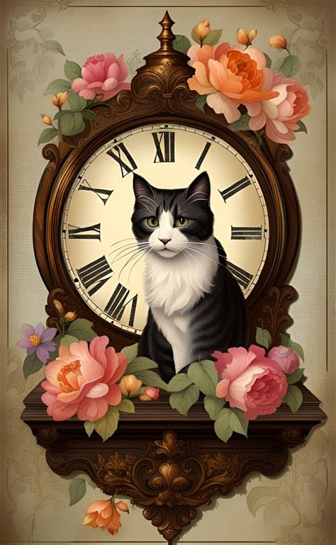 Cat, Flowers And Clock Free Stock Photo - Public Domain Pictures