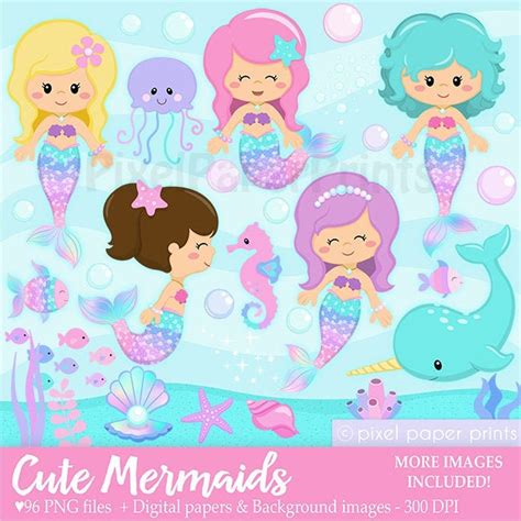 Cute Mermaids Clip Art Mermaid Clipart Digital Download - Etsy