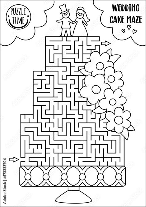 Wedding black and white maze for kids with big cake, bride and groom ...