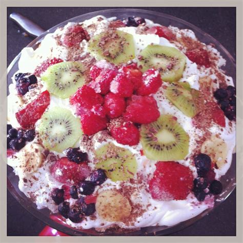 Easy fruit trifle: 2 containers of store made angel food cake (or ready ...