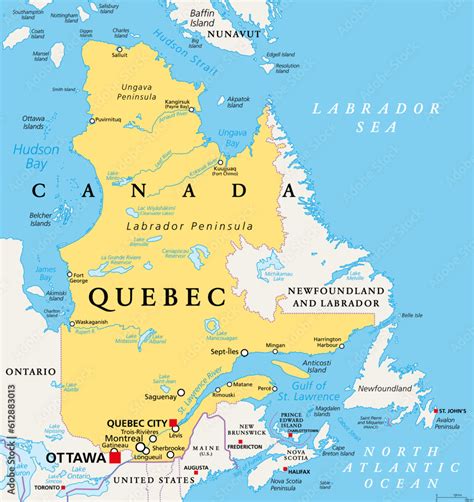 Quebec, largest province in the eastern part of Canada, political map ...