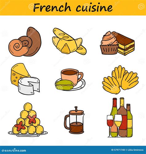 Set of Cartoon Cute Hand Drawn Icons on French Stock Vector ...