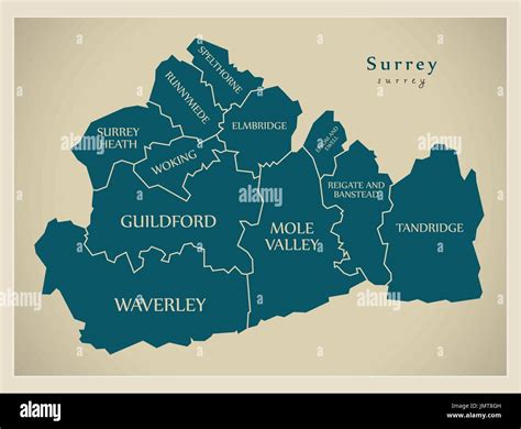 Modern Map - Surrey county with district captions England UK ...