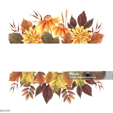 Watercolor Fall Leaves And Flowers Frame Stock Illustration - Download ...