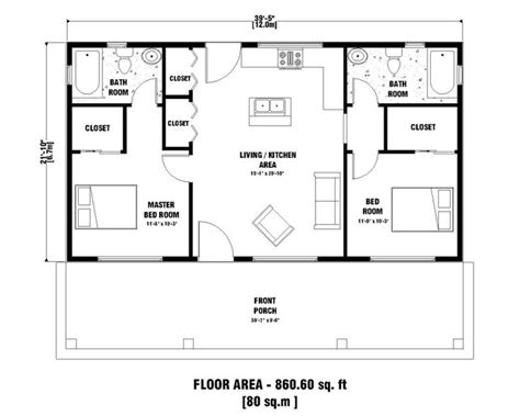 the floor plan for a two bedroom cabin with an attached bathroom and ...