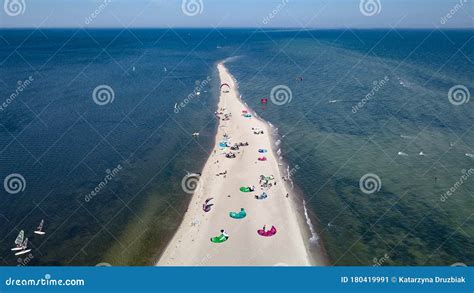 Aerial View of White Sand Beach Peninsula with Kites for Kite Surfing ...