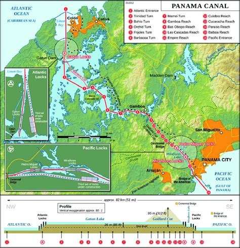 General map of the Panama Canal and its enlargement. Below ...