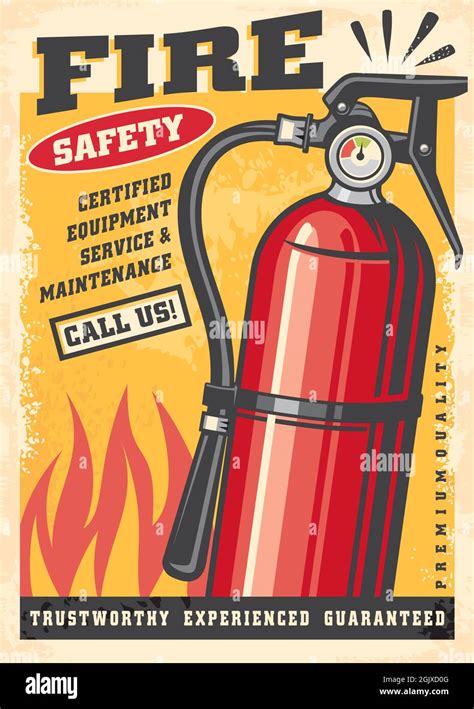 Fire safety equipment retro poster graphic. Fire extinguisher sign ...