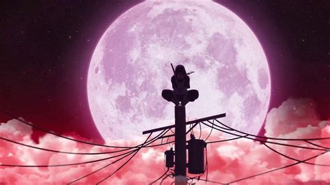 Itachi Uchiha in Front of the Red Moon Mobile Animated Wallpaper