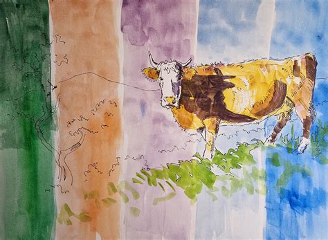 Cow with horns against striped background painting Painting by Mike ...