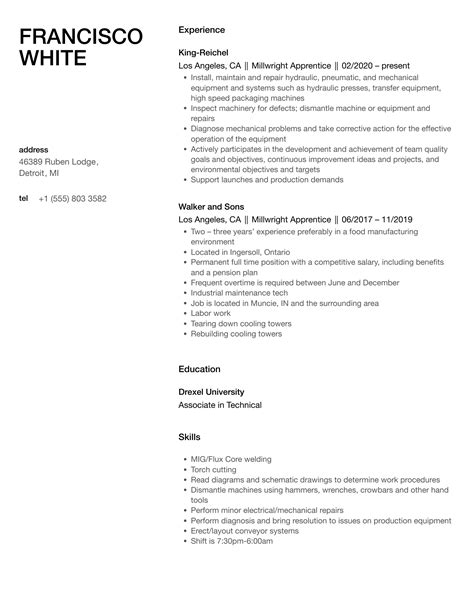 Millwright Apprentice Resume Samples | Velvet Jobs