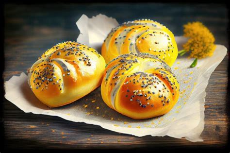 Premium AI Image | Golden poppy seed buns with sugar on glaze