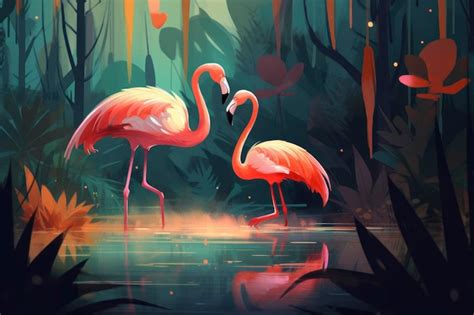 Premium AI Image | Two flamingos in a jungle with trees and plants