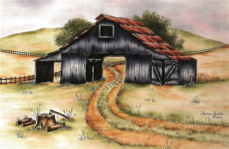 INK / OIL PAINTING Old Barn, Countryside Landscape, Farm, Barn in ...