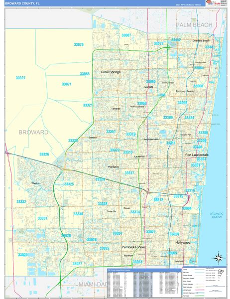 Broward County, FL Zip Code Wall Map Basic Style by MarketMAPS - MapSales