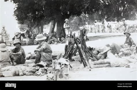 British infantry soldiers resting in the North West Frontier region of ...