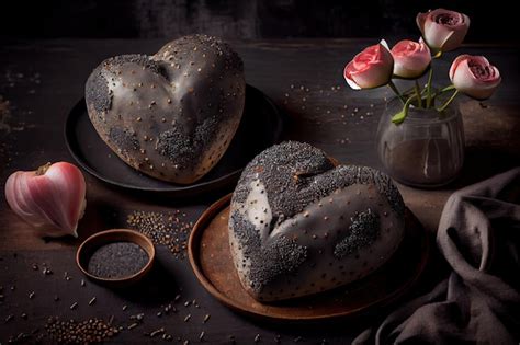 Premium AI Image | Heartshaped poppy seed buns with dark glaze and seeds