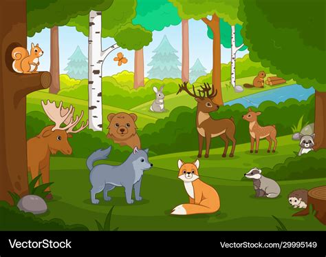 Various cartoon animals in forest Royalty Free Vector Image