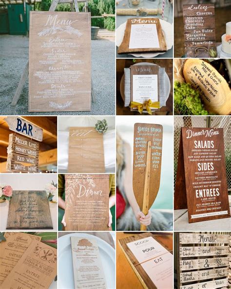 wedding stationery and menus displayed on wooden boards for guests to ...