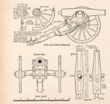 an old drawing of a cannon with wheels and spokes on the front, side ...