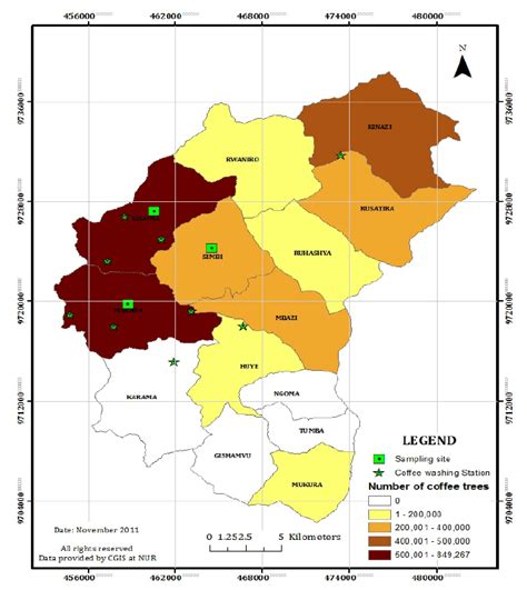 Study area and coffee trees distribution in Huye District | Download ...