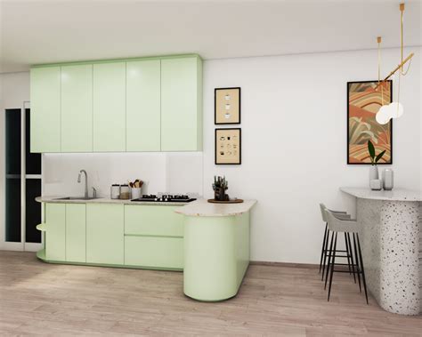 Contemporary Pastel Green Kitchen Design with Rounded Worktable | Livspace